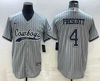 Men%27s Dallas Cowboys #4 Dak Prescott Grey Pinstripe With Patch Cool Base Stitched Baseball Jersey->dallas cowboys->NFL Jersey